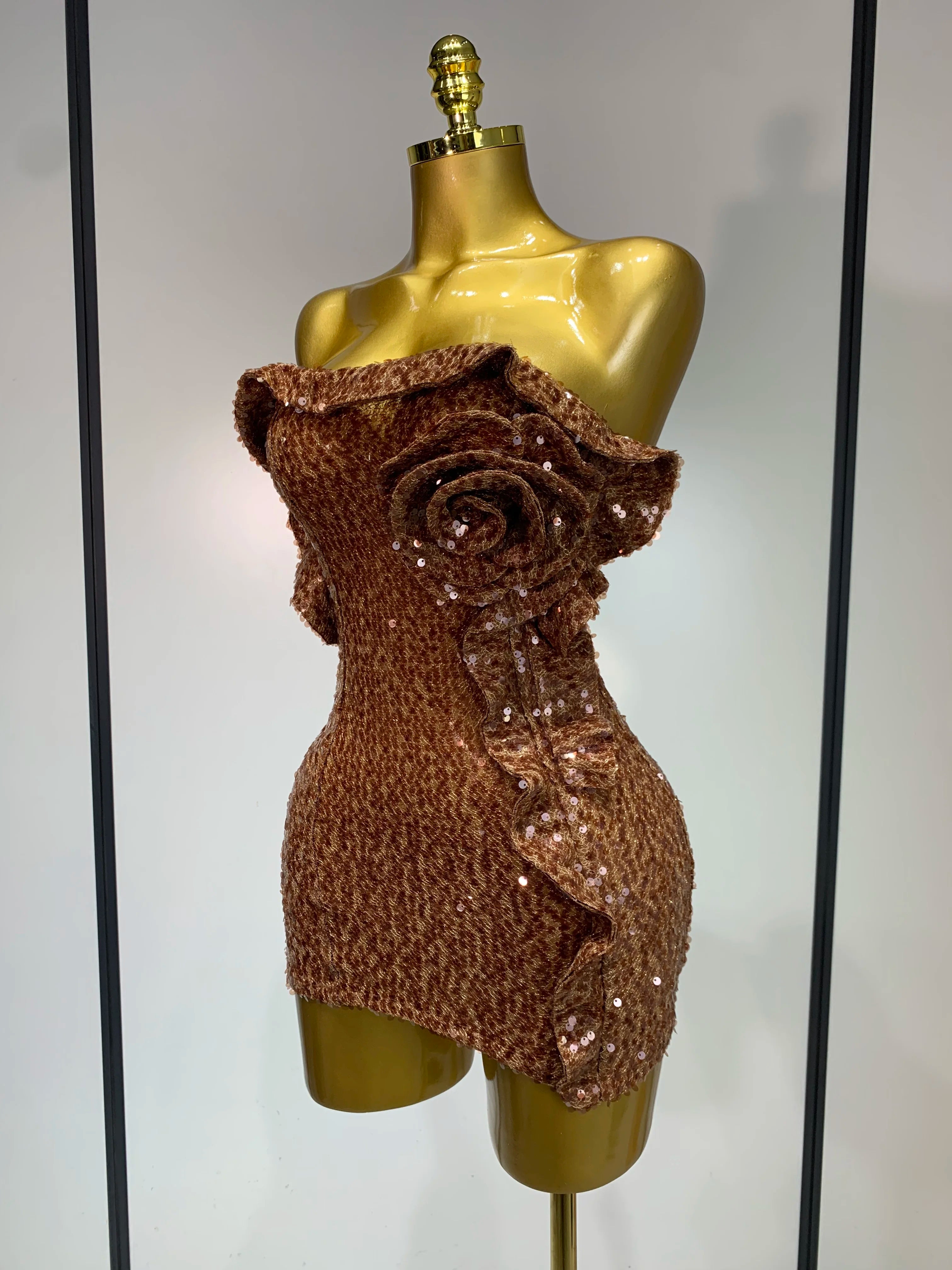 Women Sexy Strapless Backless Brown Sequins Mini Dress 2025 Celebrity Elegant Evening Party Club Luxury Birthday Guest Gown