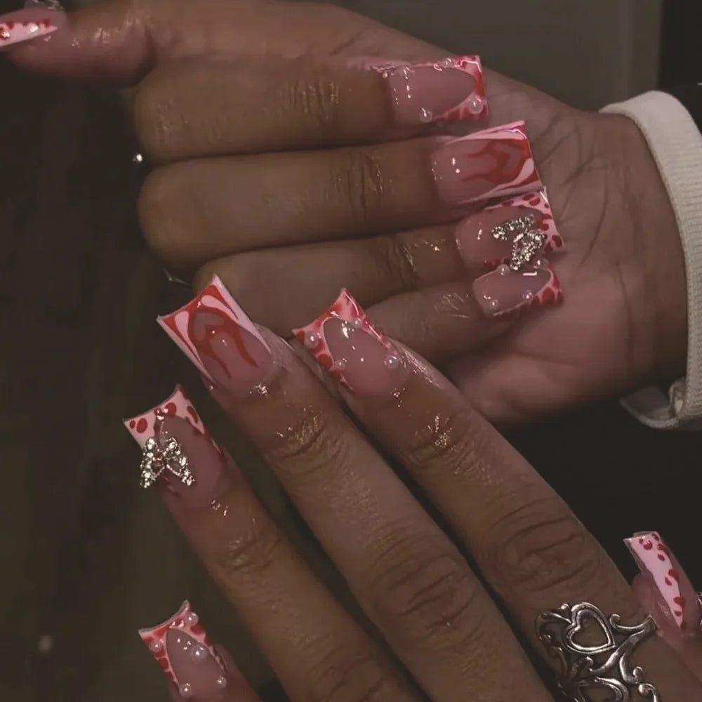 24Pcs Press on Fake Nails Zebra Stripes Short Square Head Crucifixion French False Nails Wearable Manicure Tips Acrylic Nail Art 4