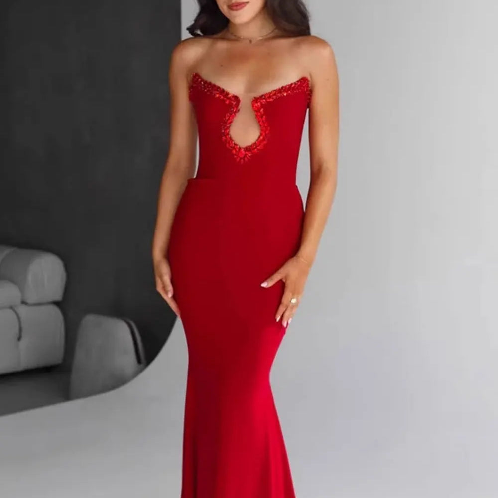 2025 Sexy Women'S Light Luxury Bead Design Red Bandage Dress Strapless Sleeveless Bodycon Backless Long Dresses Party Vestidos