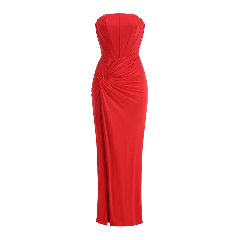 2025 New Summer Women Sexy Strapless High Split Bodycon Long Dress Celebrate Wedding Party Birthday Cocktail Outfit Wholesale