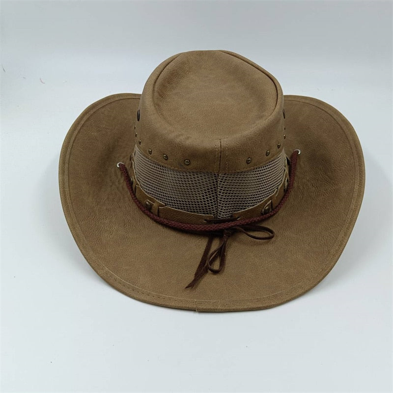 Retro Unisex Vintage Wide Brim Leather Cowboy Cowgirl Western Hat With Tassel Braid Leather Band Size 58-59CM