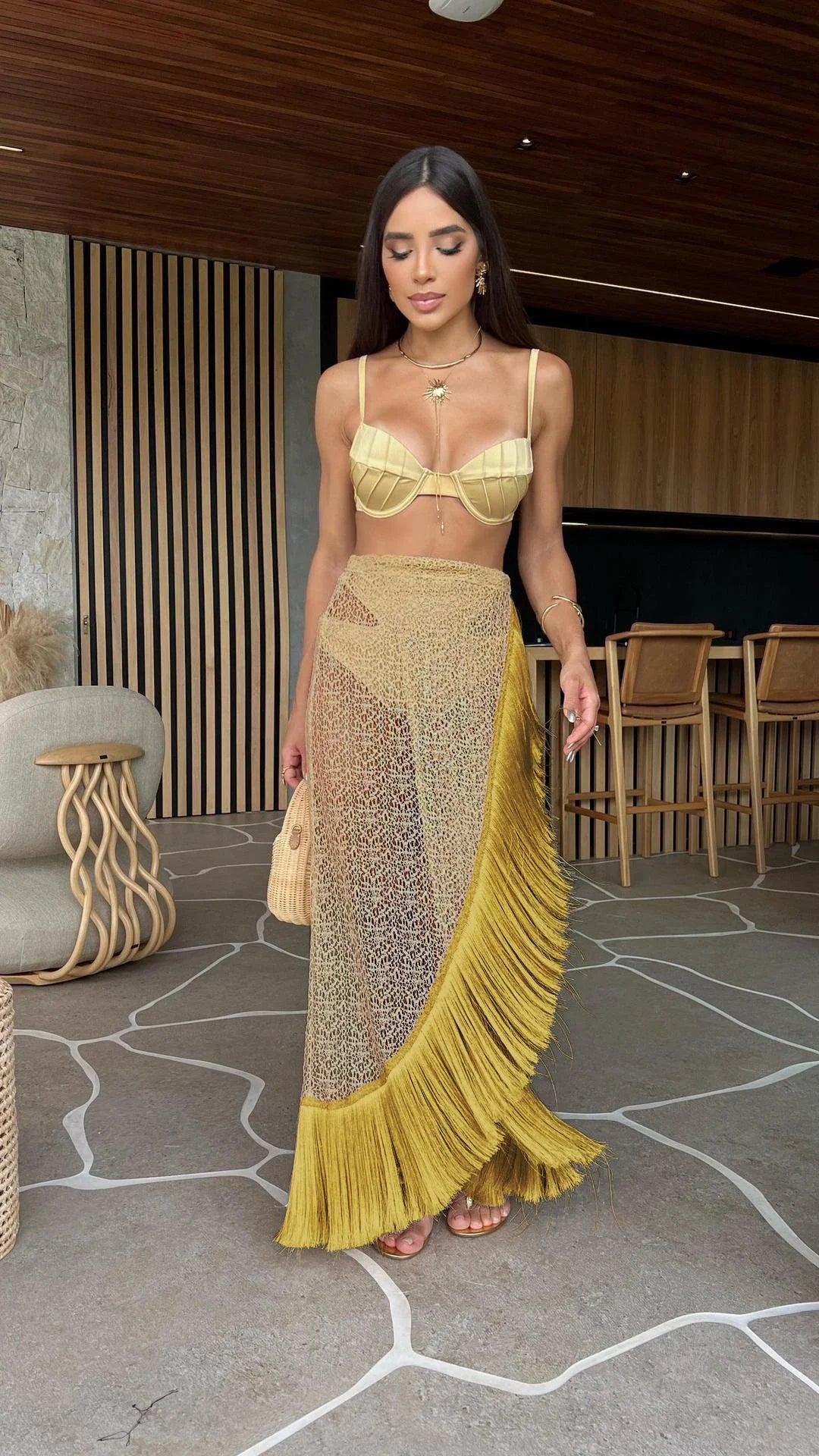 3 Pieces Tassel Bikini Set Women Beach Knitting Skirts Suit Hollow Out Grid Sexy See-Through Party Streetwear Summer Outfit PI23562C1