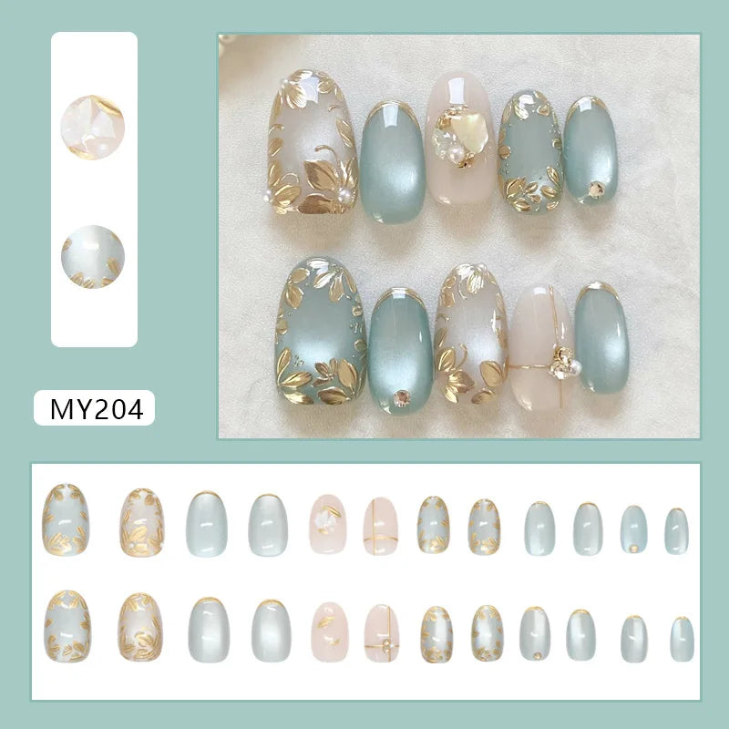 24pcs False Nails Glossy Green Summer Almond Fake Nail Tips Wearable Detachable Fashion Flower Print Press on Nails for Girl 5