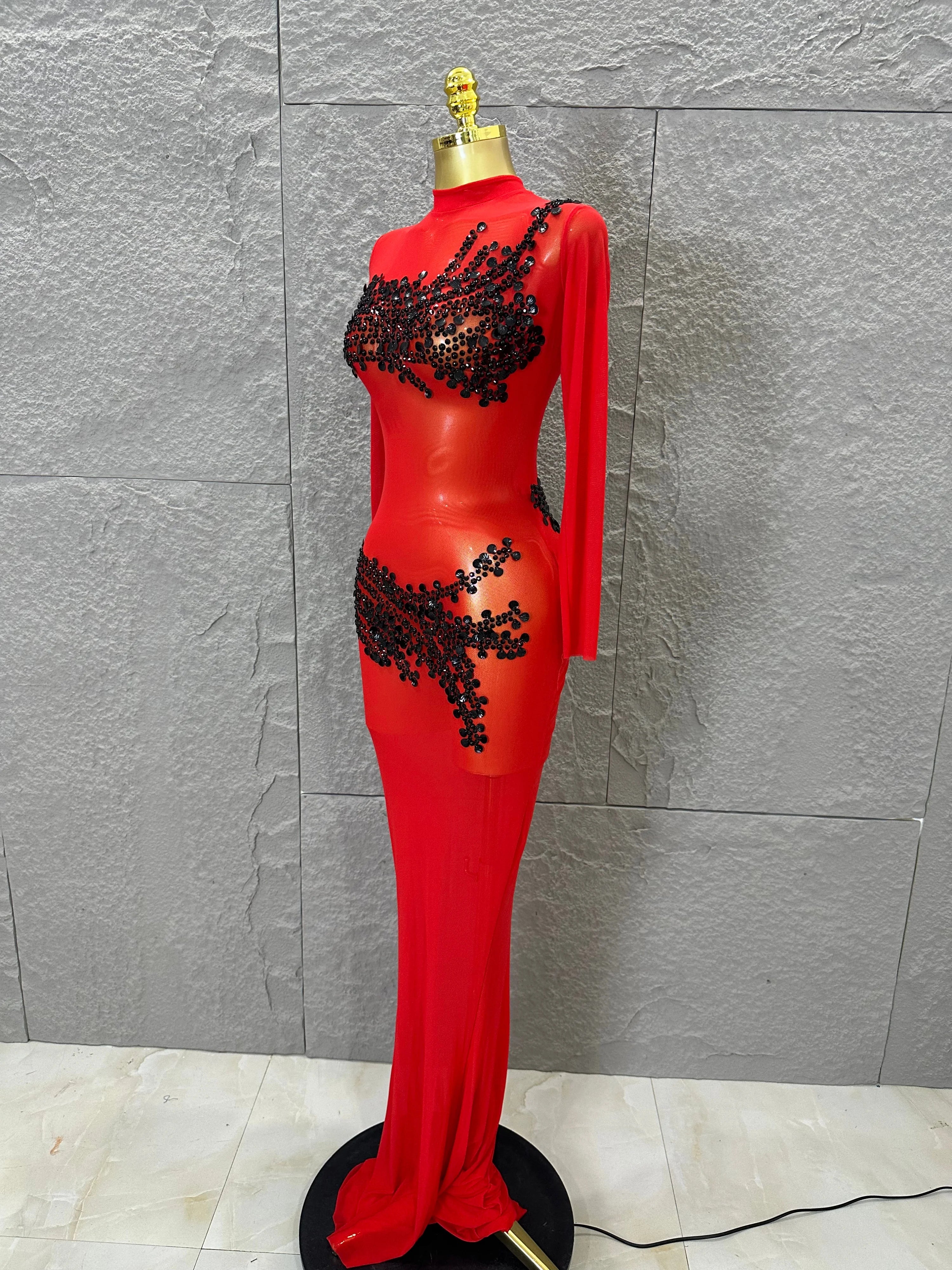 Sexy 2026 Black Sheer Mesh Maxi Dress Women Long Sleeve High Neck Red Rhinestone Embellished Bodycon Stage Costume