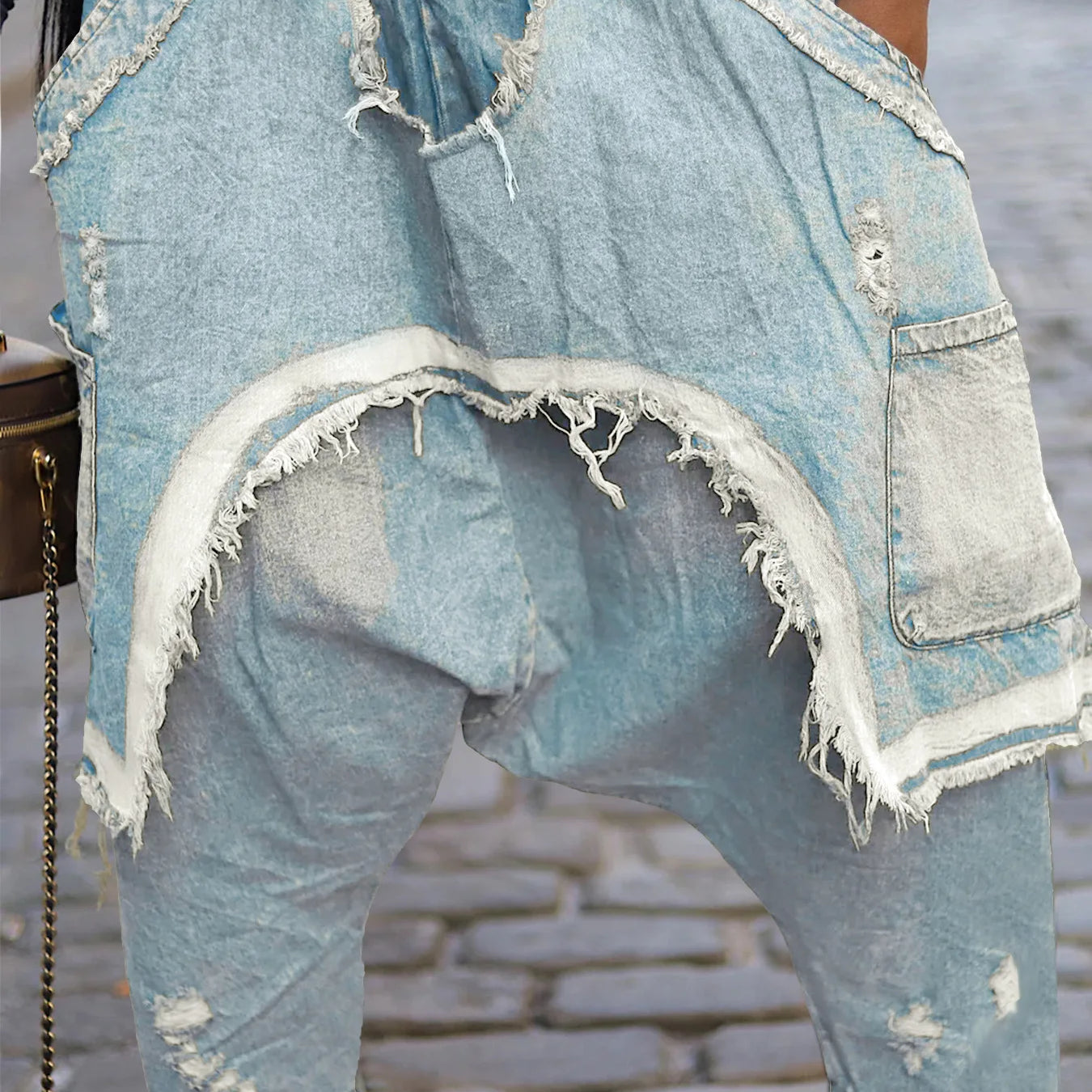 Women Streetwear Ripped Out Hole Denim Pants 2025 Fall Autumn Loose Safari Style Cargo Harem Hip Hop Jeans SKY BLUE