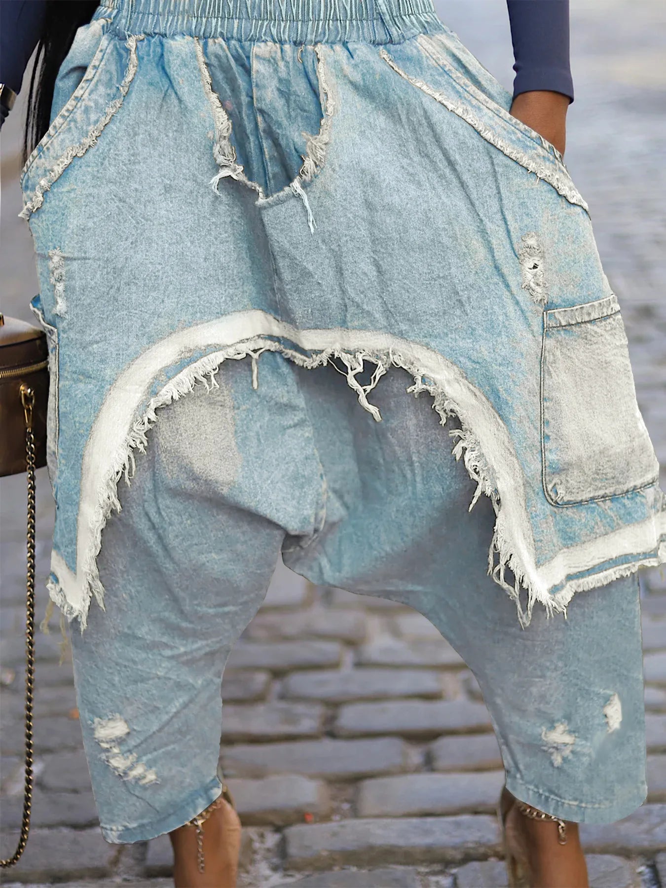 Women Streetwear Ripped Out Hole Denim Pants 2025 Fall Autumn Loose Safari Style Cargo Harem Hip Hop Jeans SKY BLUE