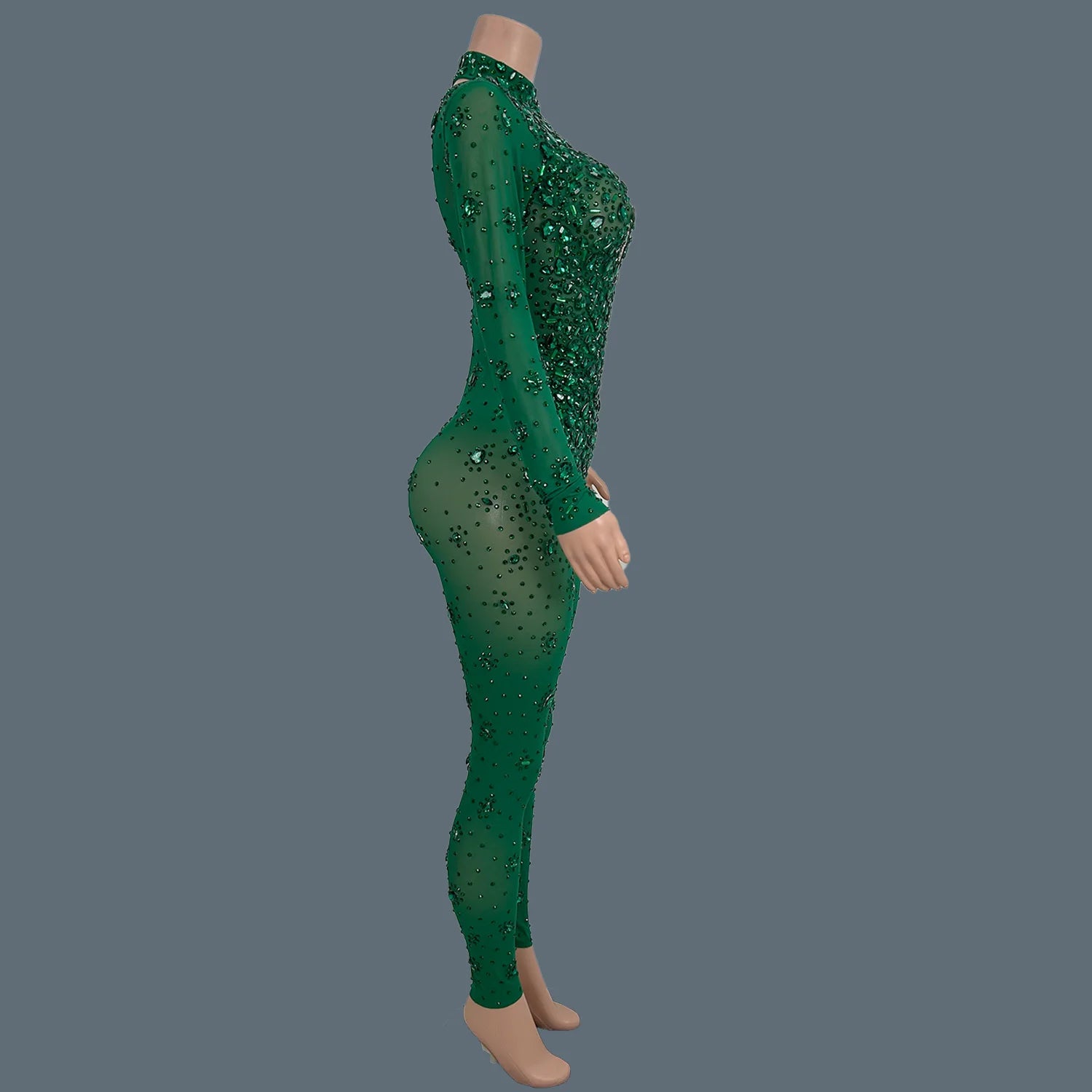 Sparkly Rhinestone See Through Mesh Tight Fitting Jumpsuit Women Night Party Outfit Female Singer Stage Performance Wear Cuican