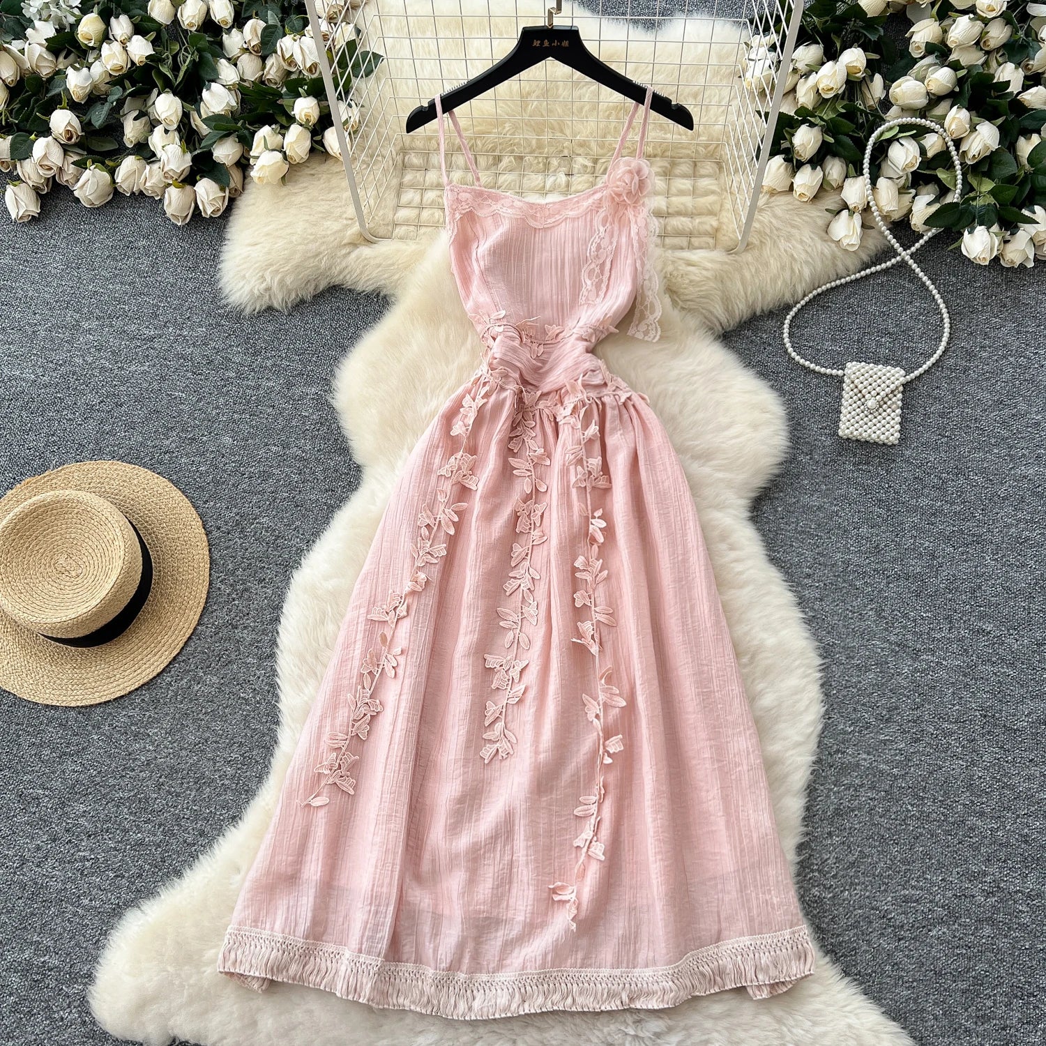 Chic Three-dimensional floral Embroidered lace Elegant Korean Fashion Fairy Sexy High Waist Summer Women Beach Vacation Robe Pink