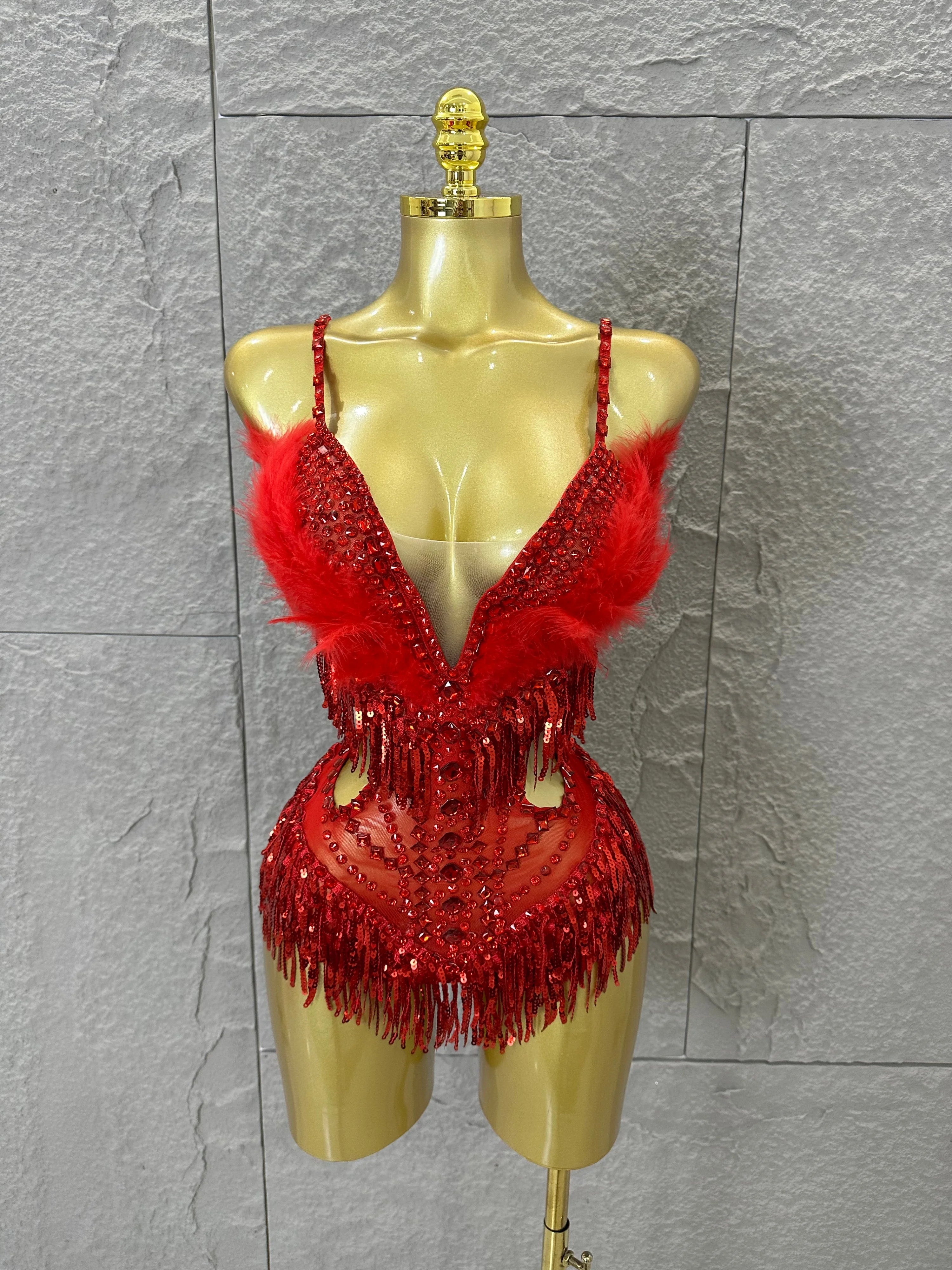 Luxurious Sheer Mesh Bodysuit Women Sexy Crystal Embellished Feather Fringe Trim Spaghetti Strap Outfit Stage Performance Outfit