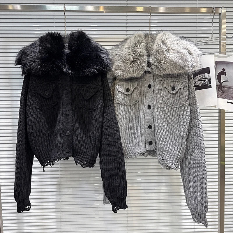 Winter New Street Style Faux Fur Collar Pocket Thick Knit Sweater Jacket For Women Single-breasted Cardigan 11A07488