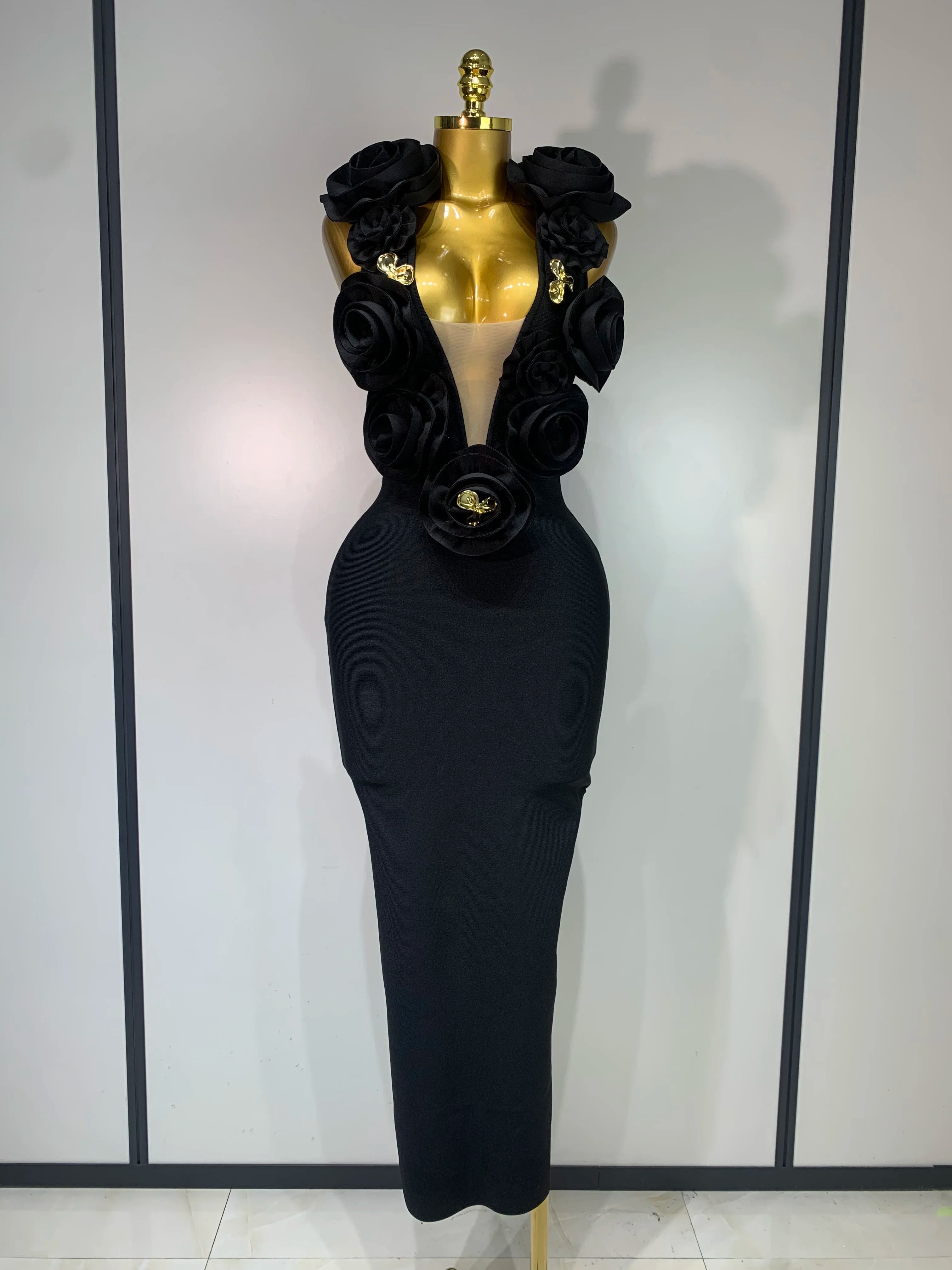 2025 New Fashion 3D Flower Sleeveless Bodycon Bandage Dress Women Celebrity Elegant Party Club Luxury Birthday Dress Vestidos black