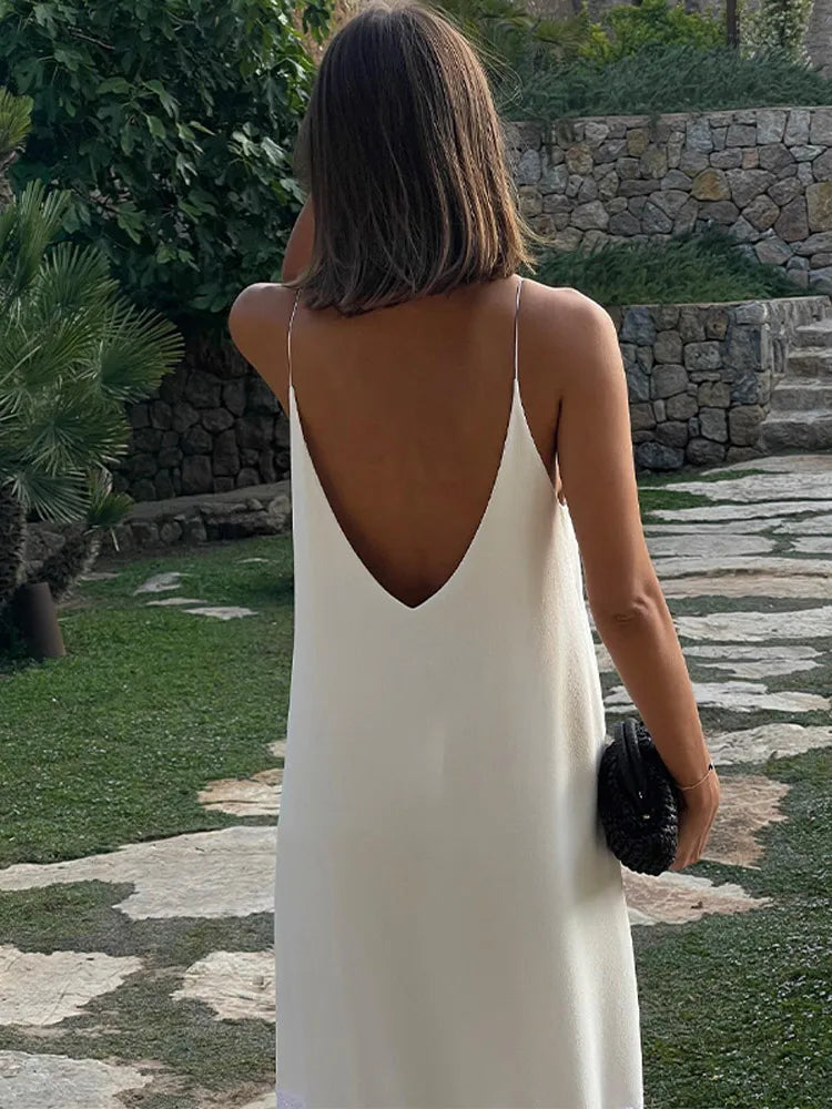 Elegant Women's Backless Satin Maxi Dress Casual Loose V Neck Side Splited Strap Robe 2024 Summer Female Vacation Beach Sundress