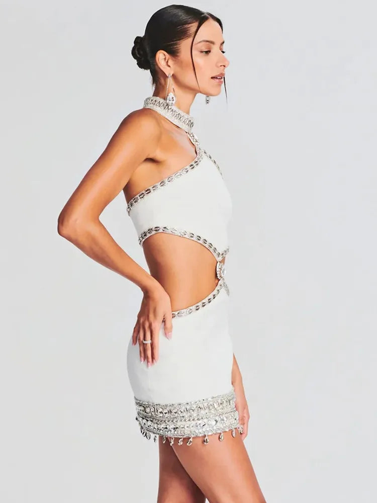 Women Celebrity Sexy Cut Out Halter White Diamonds Crystal Mini Bodycon Bandage Dress Elegant Evening Club Party Outfit