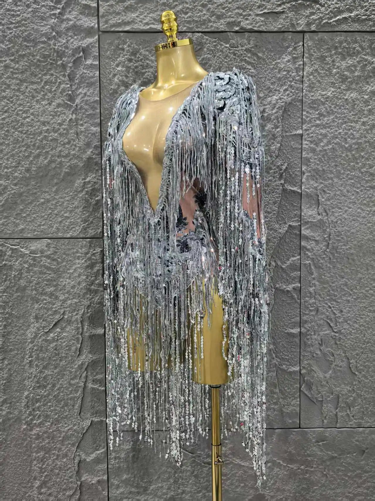 STOCK Women Long Sleeve Sexy V-Neck Bodycon Bodysuit Shinning Sequin Tassel Celebrate Bar Dancer Performance Costume Stage Wear