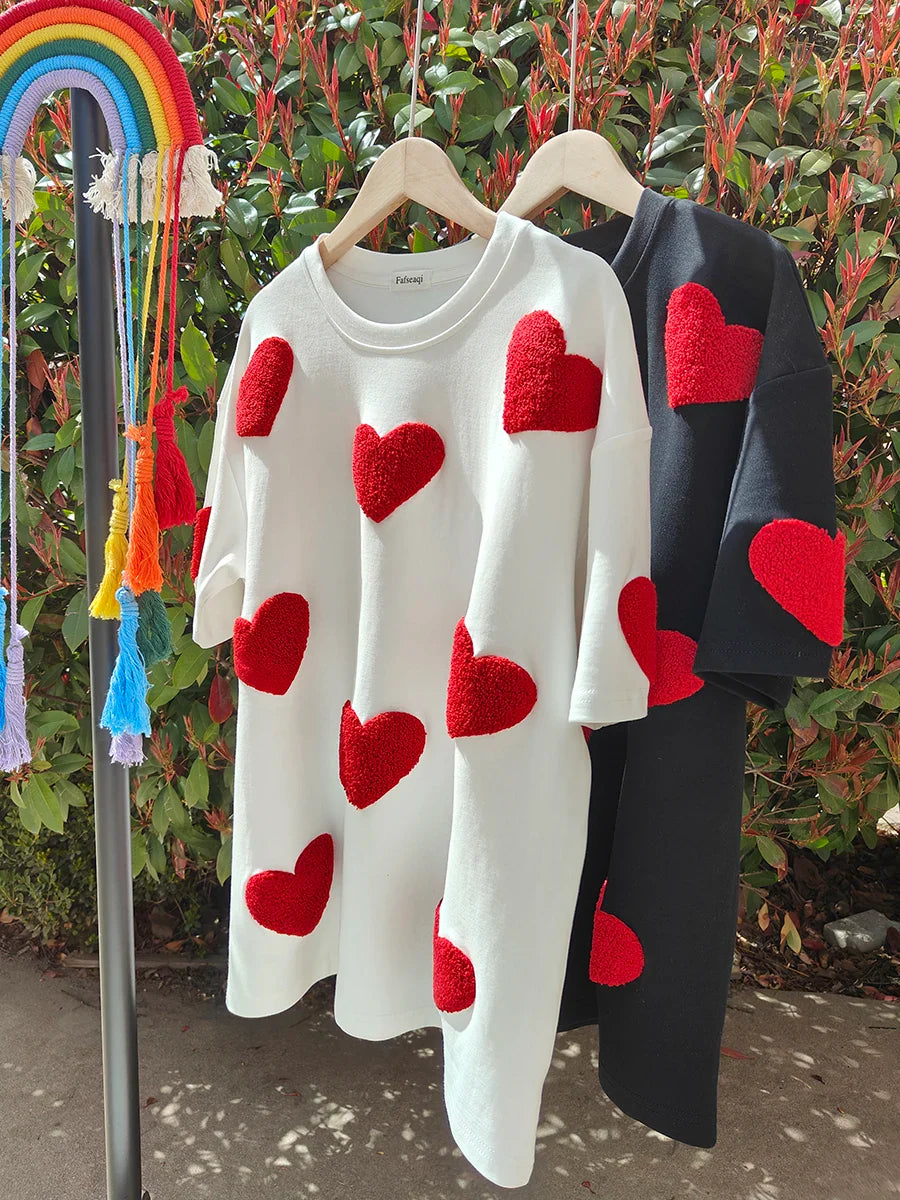 White 100% Cotton T-shirt for Women Summer Loose Oversized T-shirt with Heart Embroidery O-neck Pullovers Short Sleeve Tops