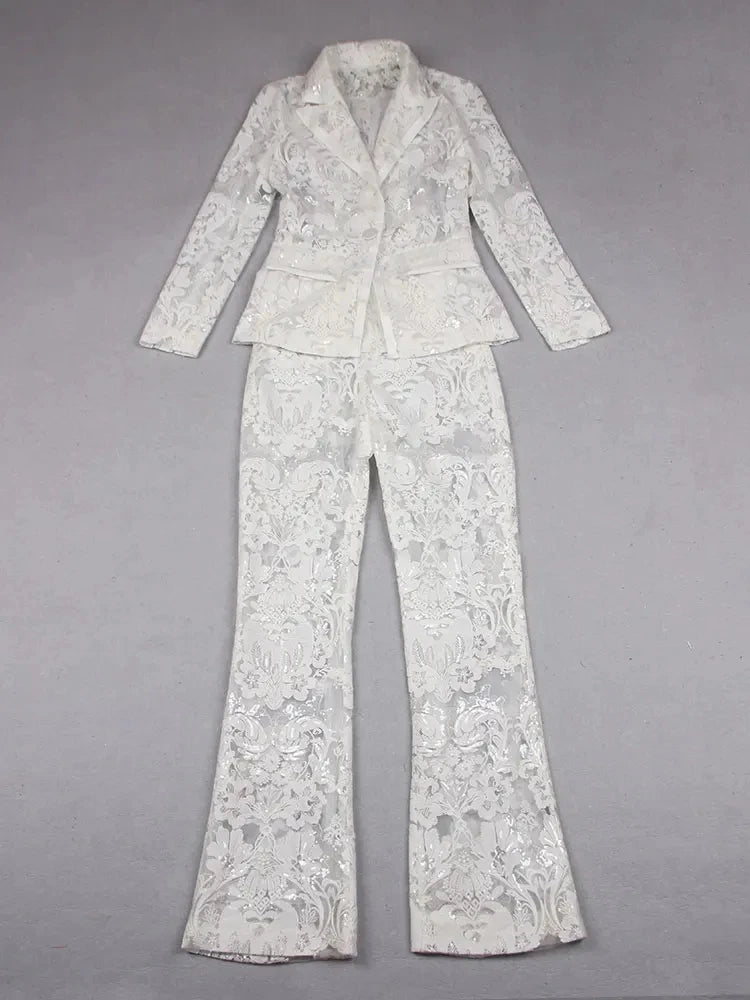 Sexy Autumn Women's Sequin Perspective Suit Pants Set with Polo Collar Long Sleeve Slim Fit Suit Coat+Flare Pants Two Piece Set WHITE
