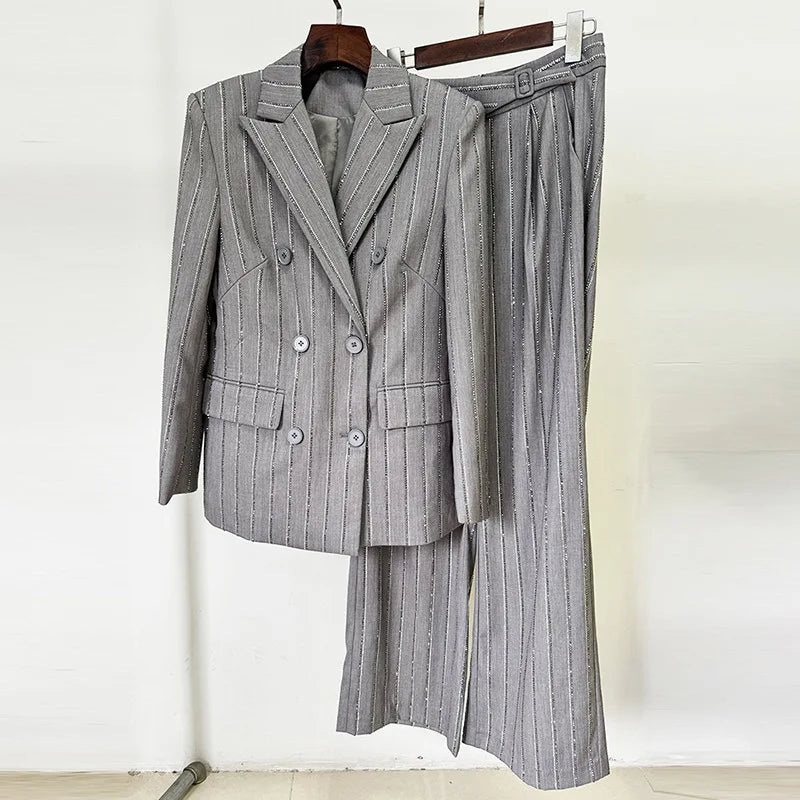 Solid Two Piece Set for Women Notched Neck Long Sleeves Patchwork Stripe Blazers High Waist Pant Sets Female New GRAY