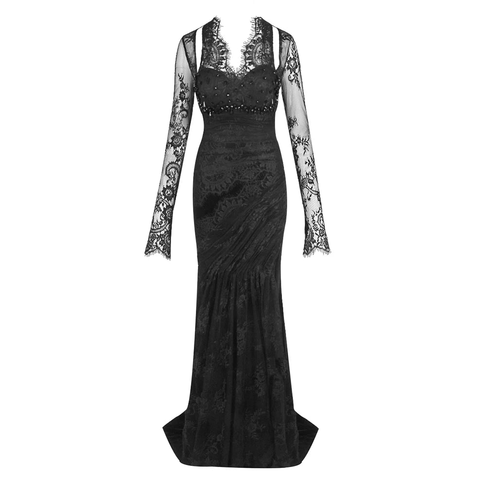 Elegant Black Lace V-Neck Mermaid Dress Gown with Sheer Sleeves for a Formal Dinner black