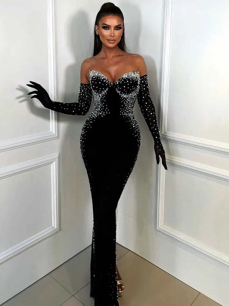 Sexy Strapless Backless Pearl Beading Black Long Bandage Women Celebrity Dress 2025 Elegant Party Evening Club Vestido Clothing black