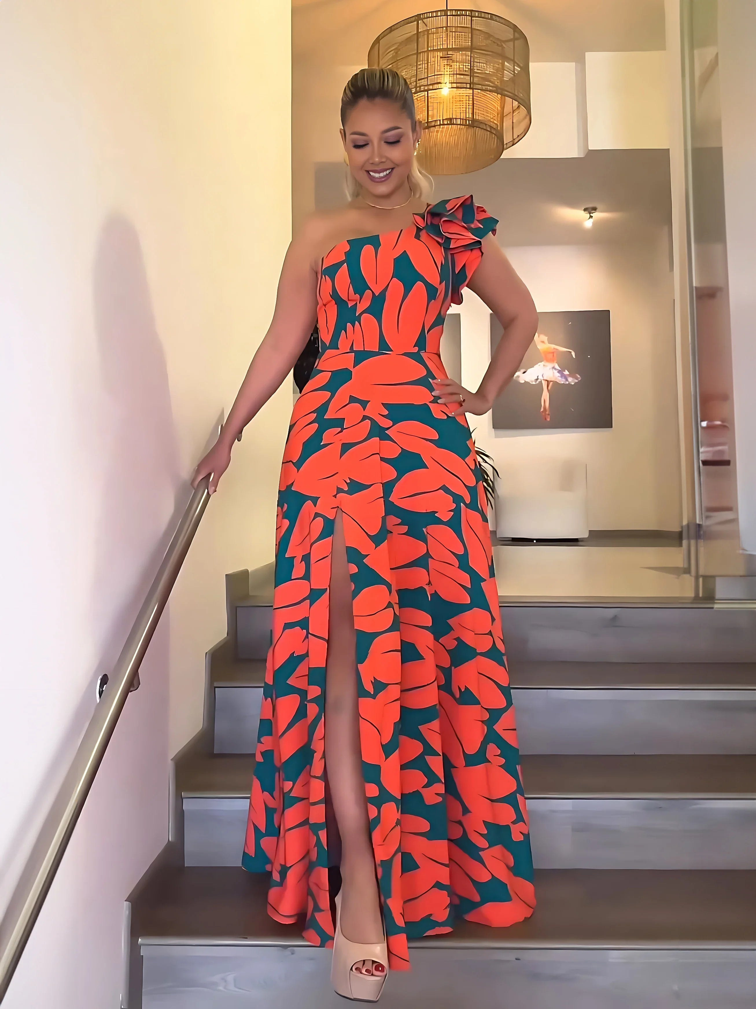 Women's Elegant Floral Printed Long Dresses, Casual Strapless, A Line Dresses, Ladies Side Split, Summer