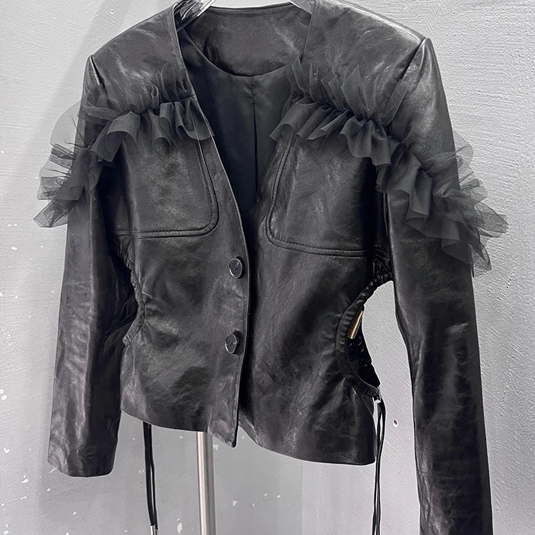 Lautaro Spring Short Black Lace Patchwork Leather Jacket Women Deep V Neck Hollowed Out at the Waist Luxury Designer Emo Clothes