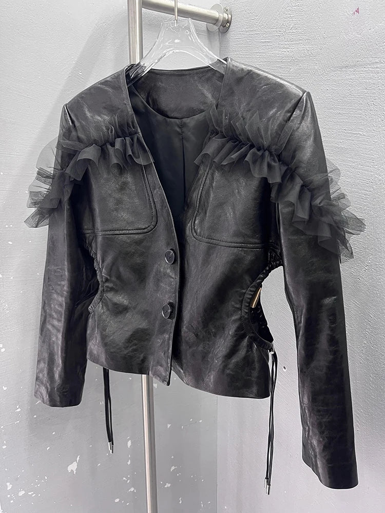 Lautaro Spring Short Black Lace Patchwork Leather Jacket Women Deep V Neck Hollowed Out at the Waist Luxury Designer Emo Clothes