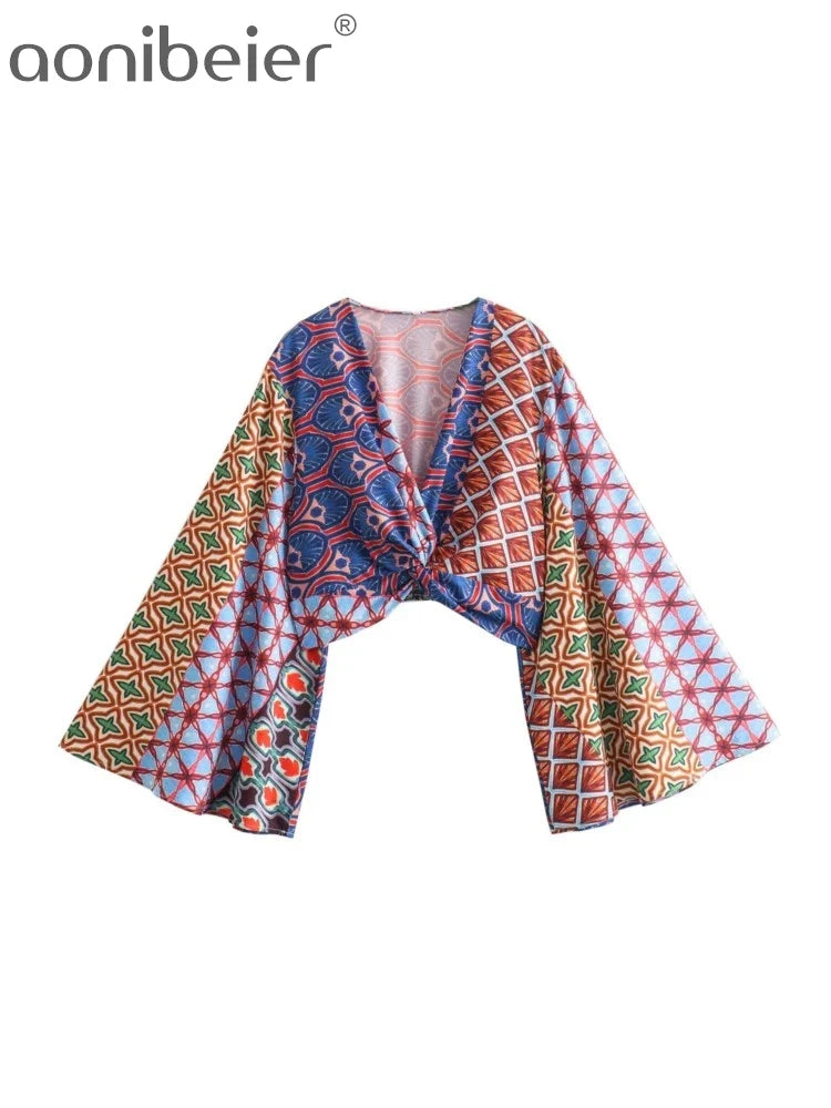 Aonibeier Printed Women Slim Shirt Wide Pants Suits Traf Summer Flare Sleeve Knot Front V Neck Crop Top Female Sets Y2K Outfits