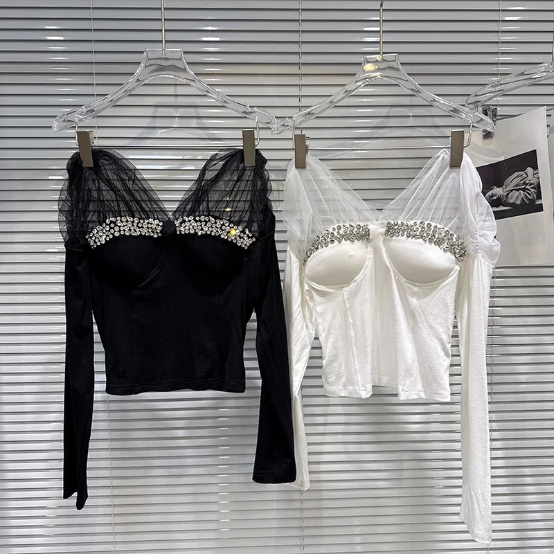 Winter New Fashion Mesh Patchwork Rhinestone Beaded Chest Pad T-Shirt For Women Slim Fit Short Tops Female 11A07772