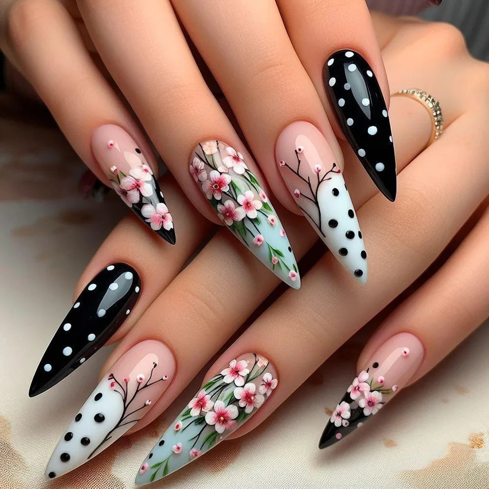 24pcs/set Medium long square fake nails for women girls cute heart flowers feather butterfly design press on false nail art tips 1860