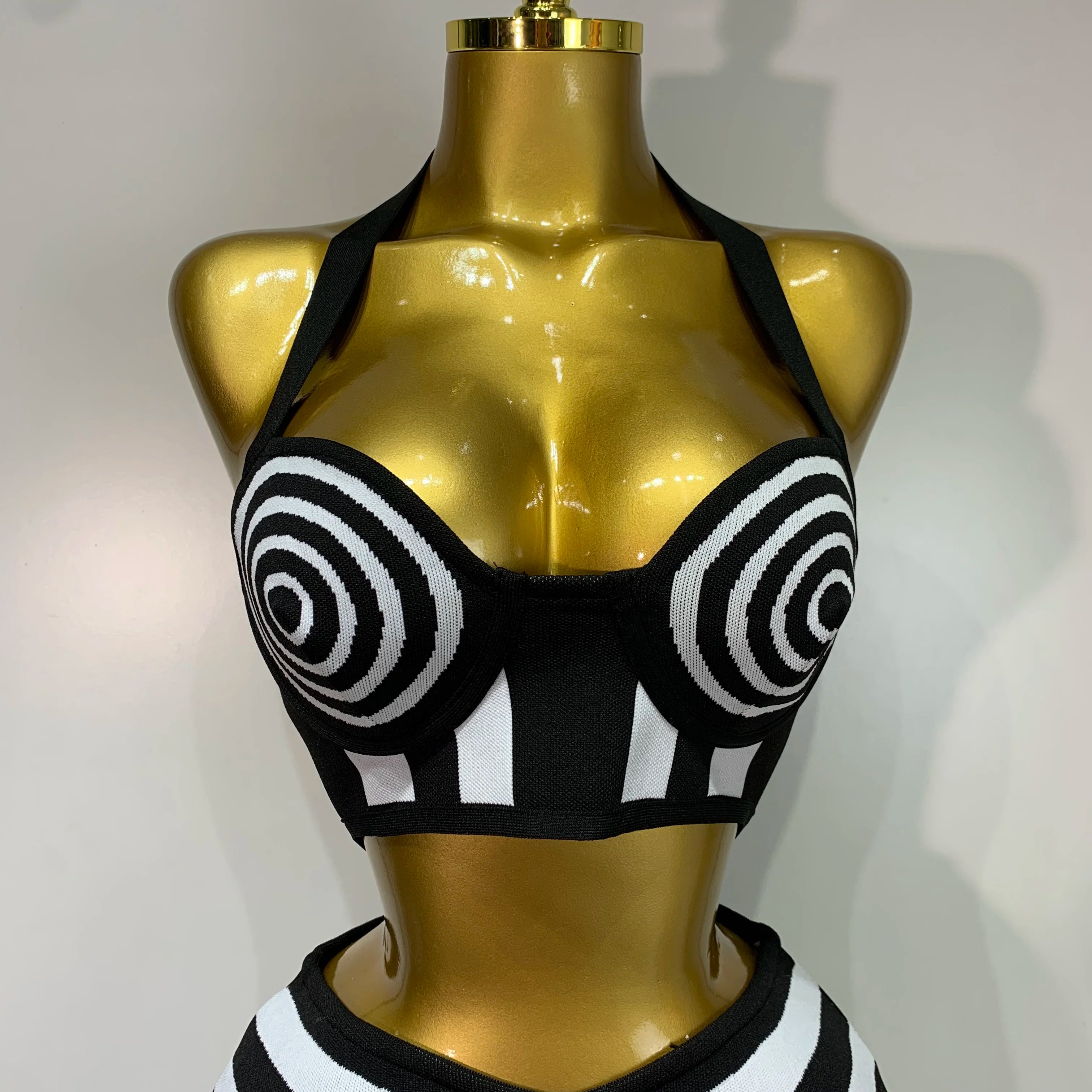 Women Sexy Backless Halter Striped Bandage Skirt Two Piece Set 2025 Knitted Celebrity Elegant Evening Birthday Party Dresses