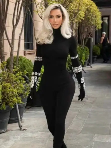 Celebrity Red Carpet Jumpsuit Women Long Sleeve Sexy Big Crystal Bodycon Bandage Jumpsuit Nightclub Party Celebrate Wear black