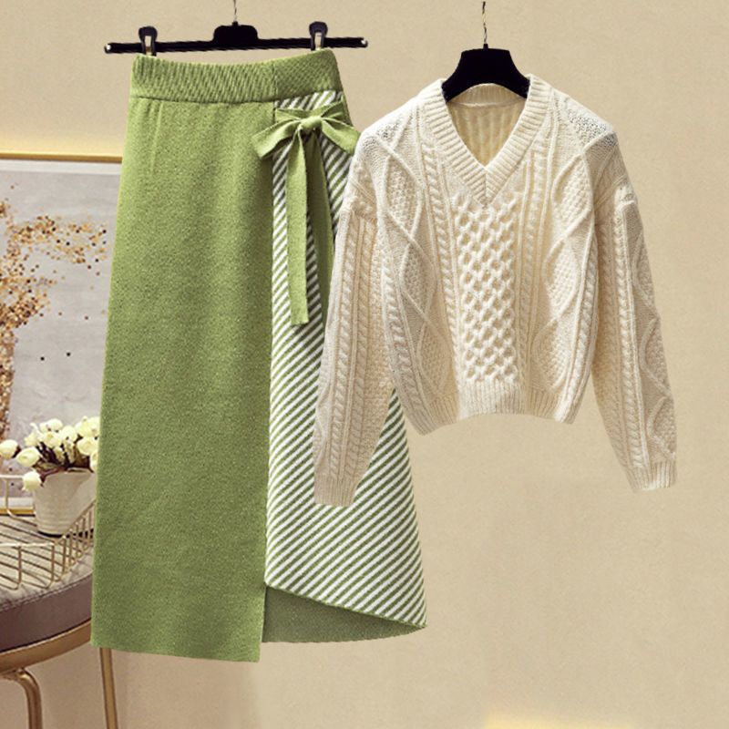 Spring V-neck Knitted Sweater Pullover Personality Asymmetrical Twill Skirt Two-piece Elegant Women's Skirt Set Party Dresses 2 pcs set 03