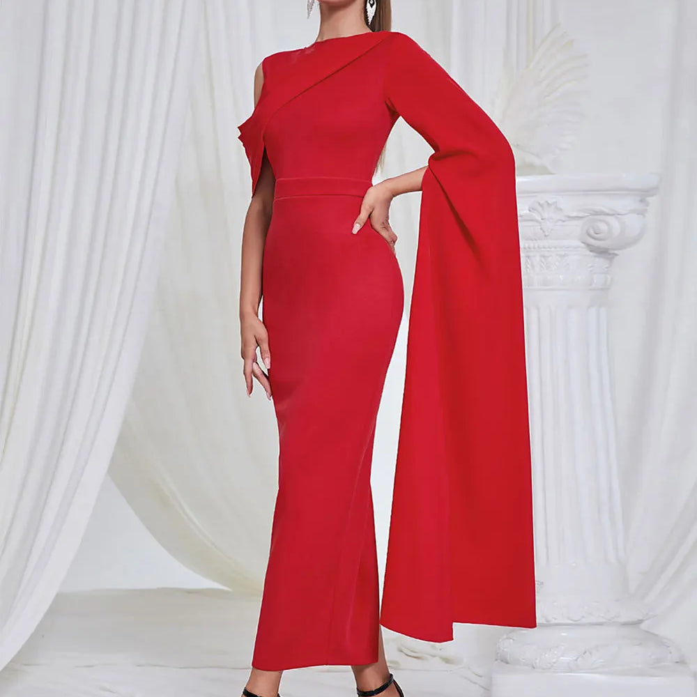 2024 Chic and Elegant Women's Red Dress O-neck Single Shoulder Oversized Trumpet Sleeve Bodycon Long Dress Evening Party Vestido