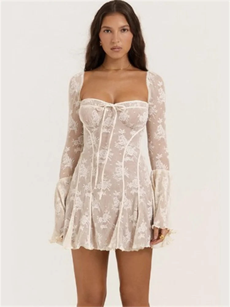 New Fashion Square Collar Long Flare Sleeve Backless Loose Club Party Dress Elegant Print Mini A-line Dress For Women Summer White