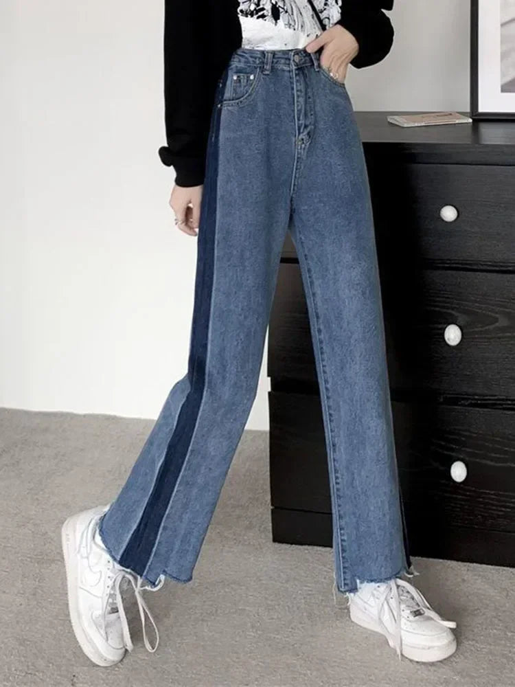 Korean Ankle Length New Hight Waist Side Stripe Straight Jeans Woman Baggy Big Size 5xl Wide Leg Denim Pants Spring