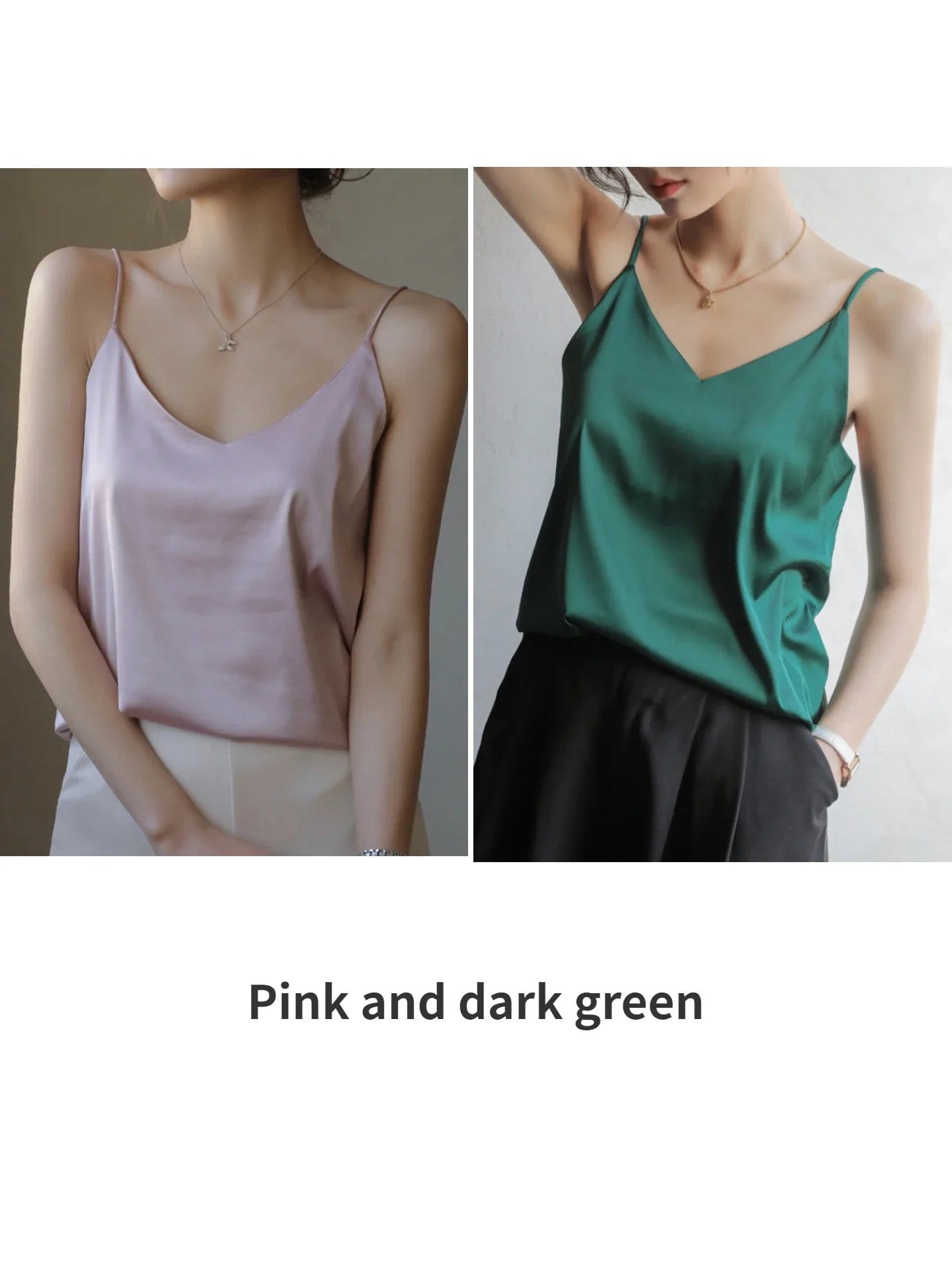 Grey Camisoles for Women Acetate SATIN Loose Summer Spaghetti Strap Tank Top Solid V-neck Fashion Sexy Backless Tanks & Camis Pink and dark green