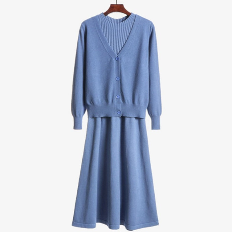 Women's Sweater Sets 2024 Autumn Winter V Neck Knitted Cardigan Coat Tops Long Dresses 2 Piece Sets Women Outfit Female Clothing Light Blue One Size