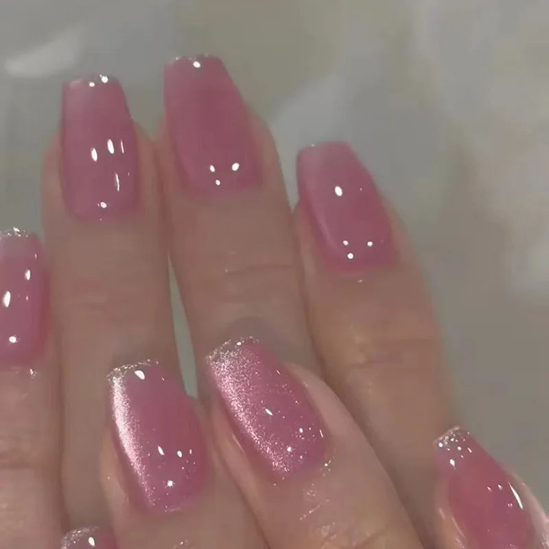 24pcs/set short medium fake nails shinny sparkling glitter square ballet nail tips starry star cat eyes press on false nail art 1553