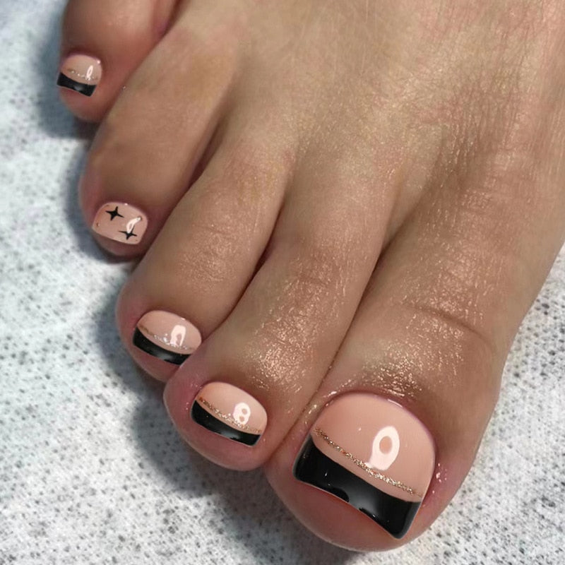 Toe Nails Set French Press on Foot Tips Fake Nail Tips with Designs Summer Reusable Artificial False Stick-on Nails Art 24pcs 2479