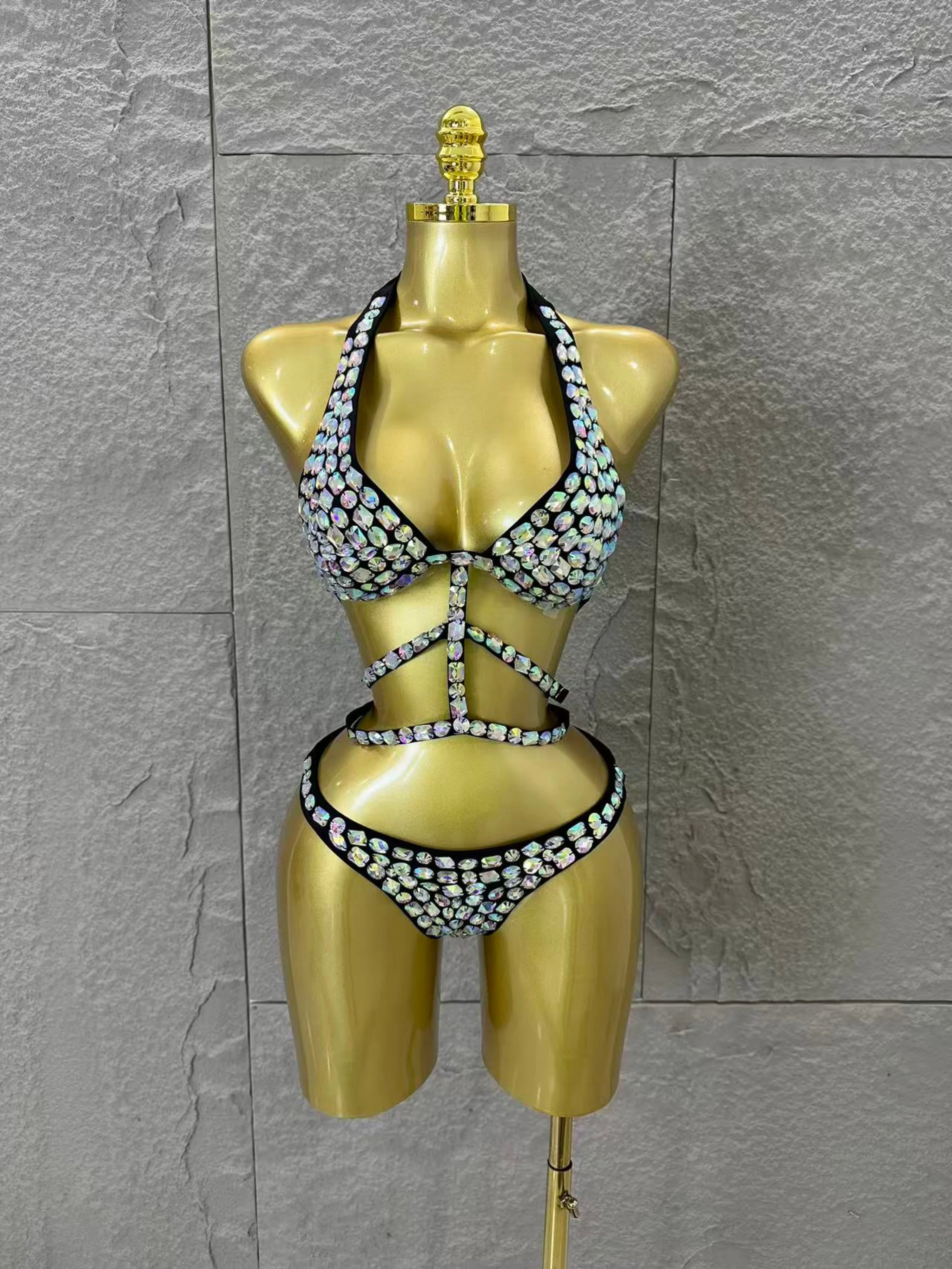 2026 Luxurious Black Bodysuit Women Sexy Halter Neck Iridescent Crystal Embellished Cutout Outfit Stage Performance Costume D