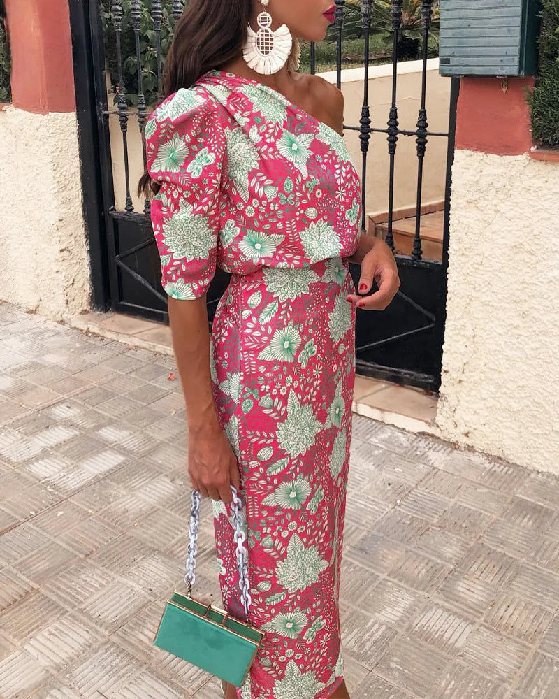 Summer Dress Women Elegant Flower Print Dress Sexy Ladies Fashion Backless Skew Neck One Shoulder Short Sleeve Dresses