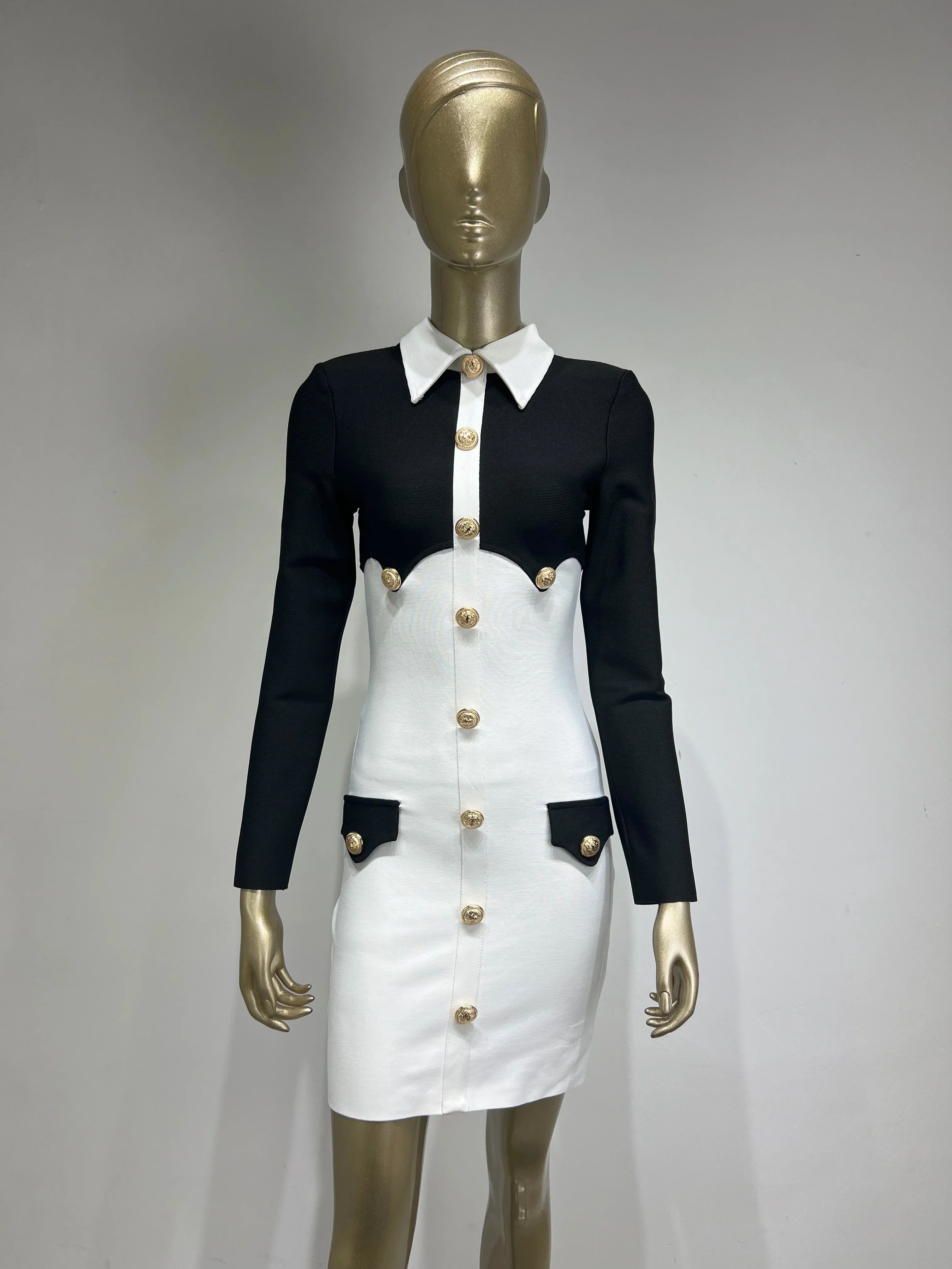 Women Celebrity Sexy Long Sleeve Patchwork Black White Button Mini Bodycon Bandage Dress Elegant Evening Club Party Dress