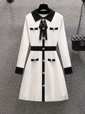 Petit parfum automne hiver tricoté Robe pull femmes noeud papillon boutons Vintage fête Mini Robe élégant décontracté Chic Robe Femme