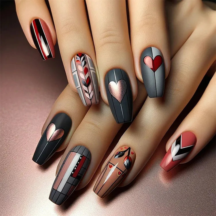 24pcs/set Meduim long fake nails for women peach flowers heart for Spring summer Square faux ongles press on false nail art tips 1913