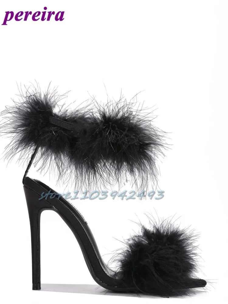 Latest Black Fur Sandals Pointed Toe Spring Summer Solid Stiletto Orange Ankle Buckle Strap Women Sexy Latin Dance Shallow Shoes as picture 1