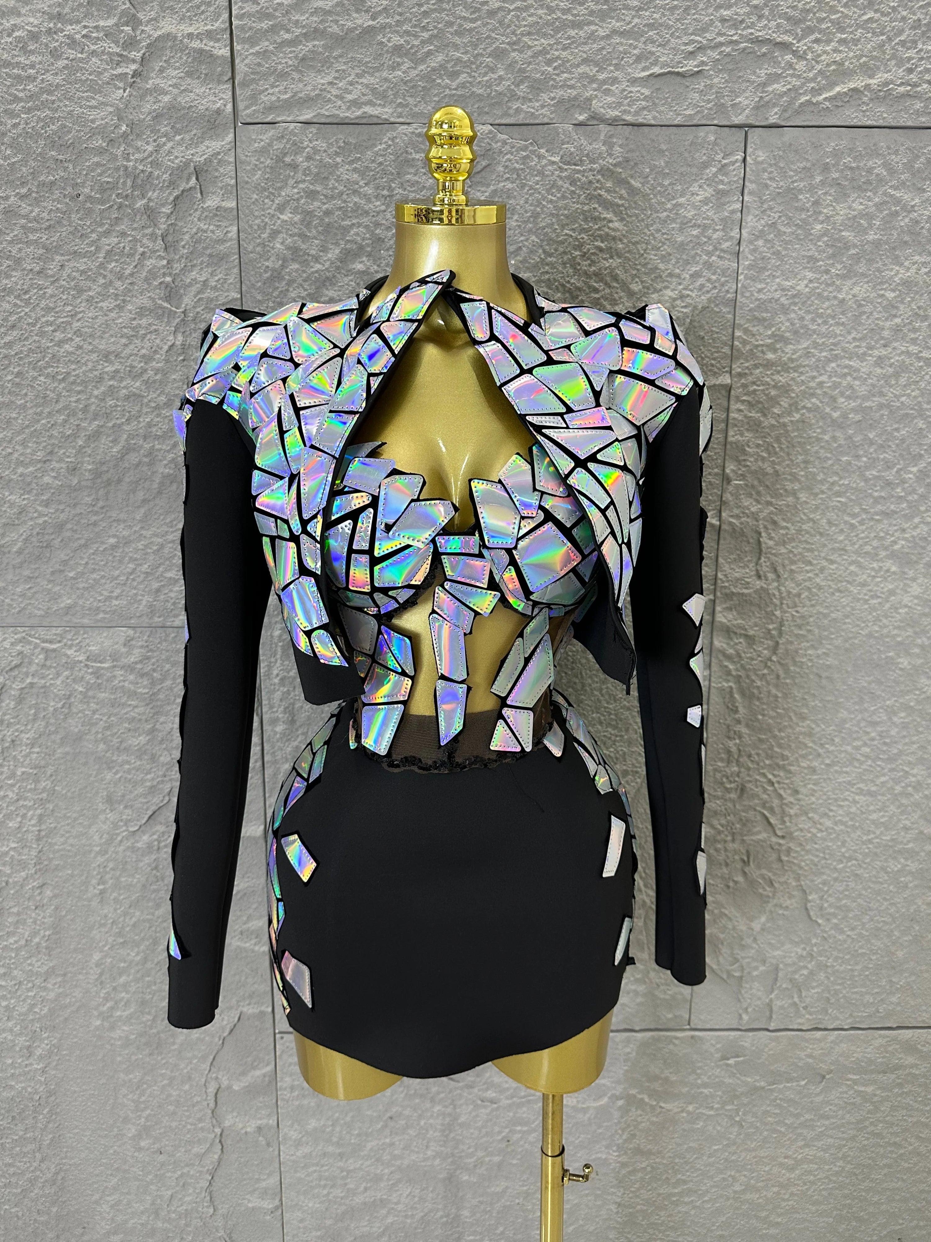 Edgy Black Luxury 3 Piece Set Women Mirror Reflective Patch Cropped Blazer Bralet Skirt Event Showmanship Performance Gown black