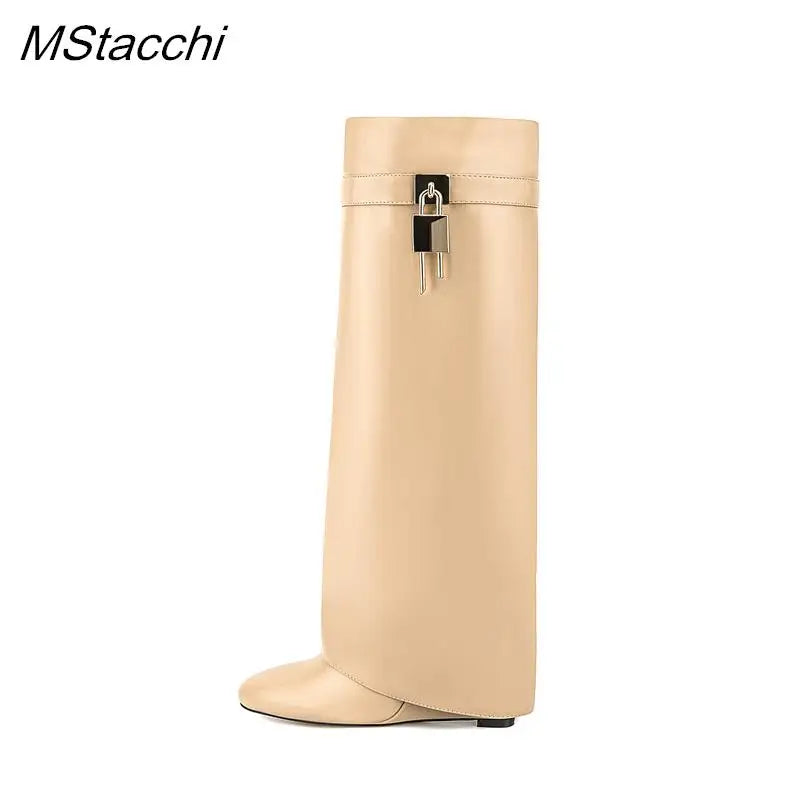 Lock Metal Buckle Women Knee High Boots Wedges Shoes For Woman Punk Style Round Toe Zipper Cowboy Boots Trend 2025 Female Shoes Beige