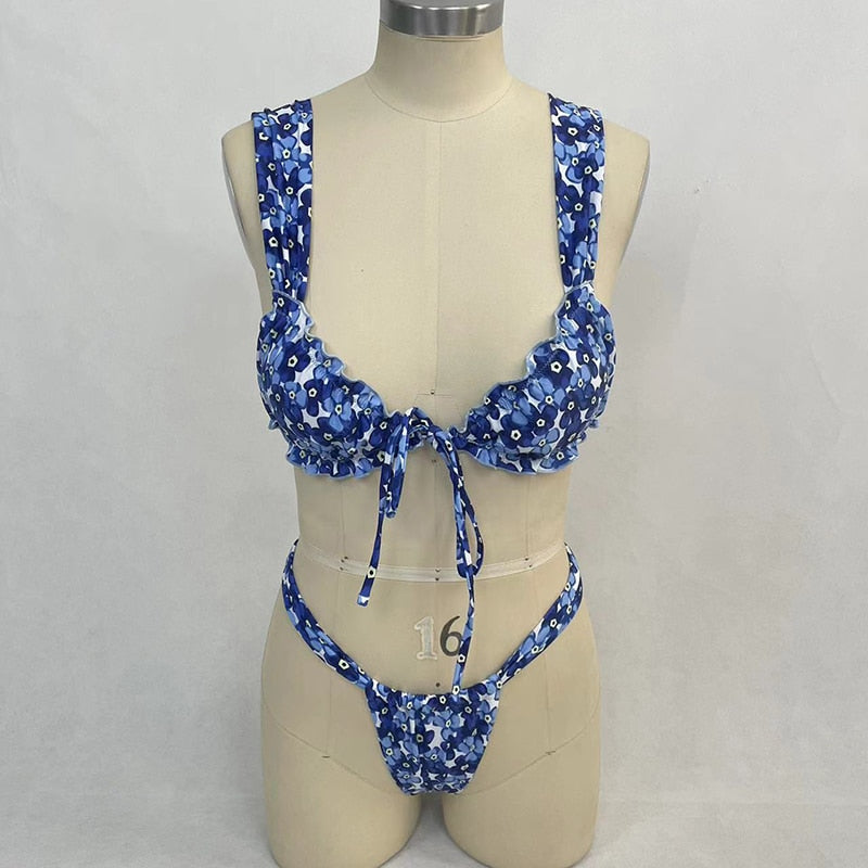 Sexy Bikini Two Piece Set blue print Lace Up Backless Low Waist Triangle Bathing Suit Beachwear For Female