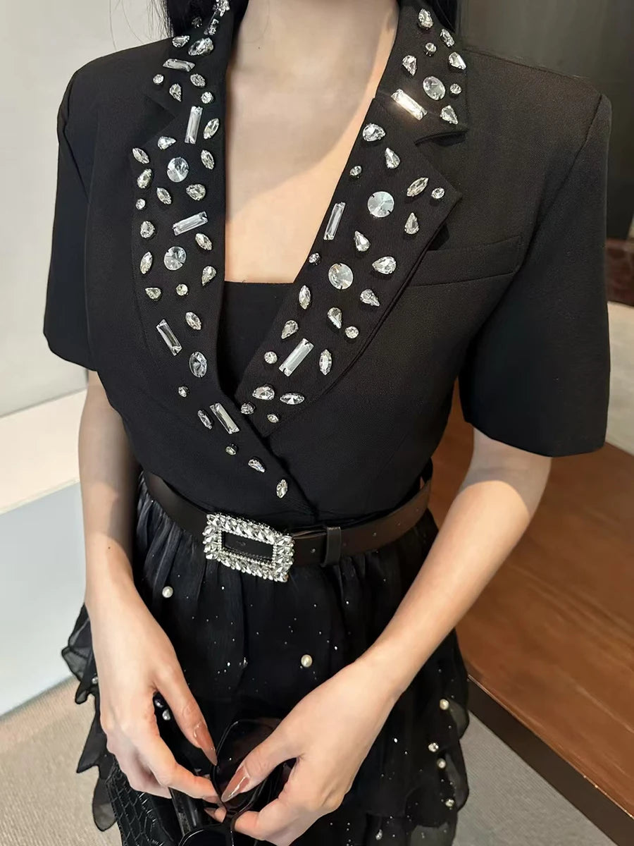 Solid Spliced Bead Belt Elegant Dresses for Women Lapel Short Sleeves Patchwor Ruffles Dress Female Clothing New BLACK