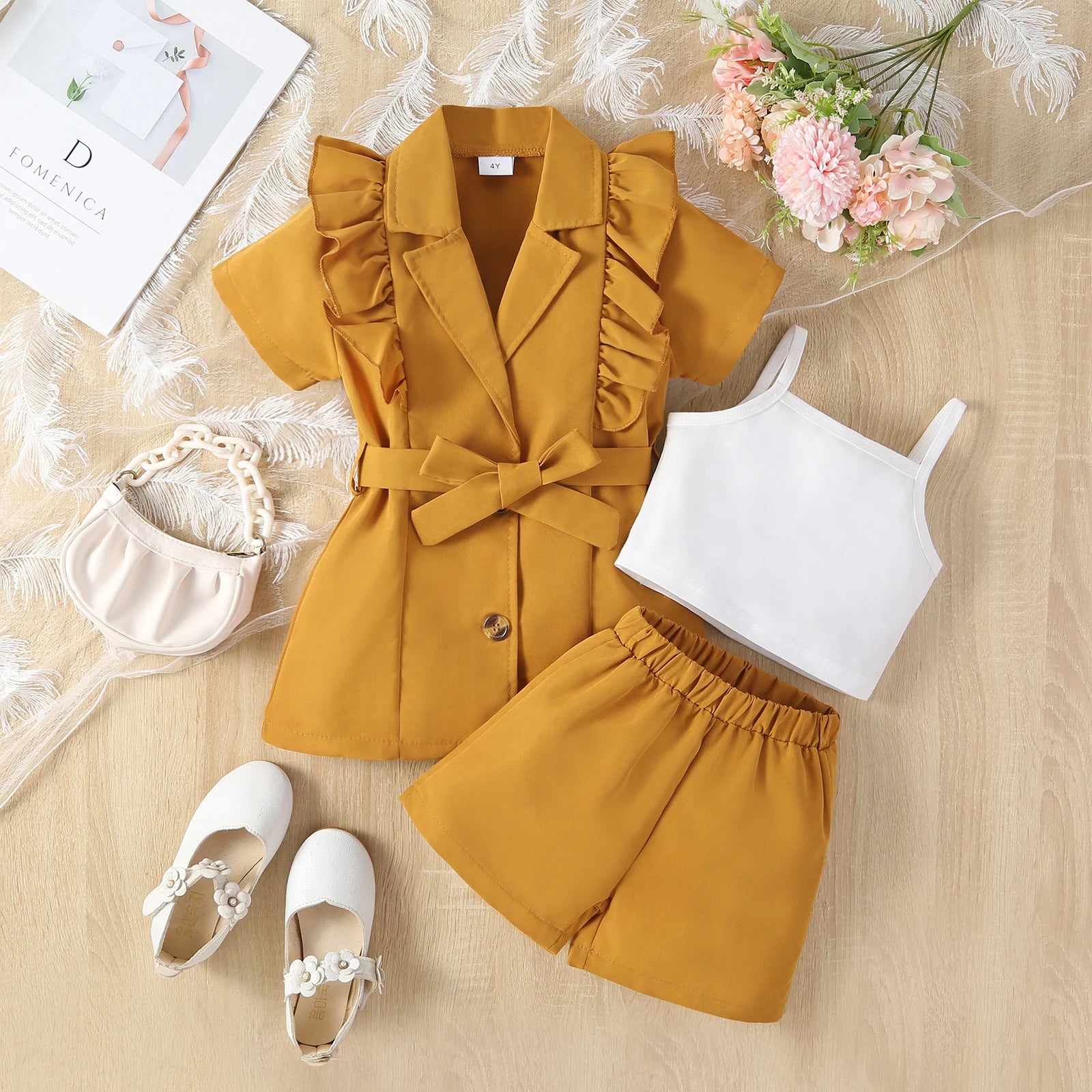 Summer Girl Suit Strap Solid Color+Short Sleeved Lapel Suit Jacket+Shorts 3Pcs Girls Outfits Korean Kids Children Clothing Sets Brown